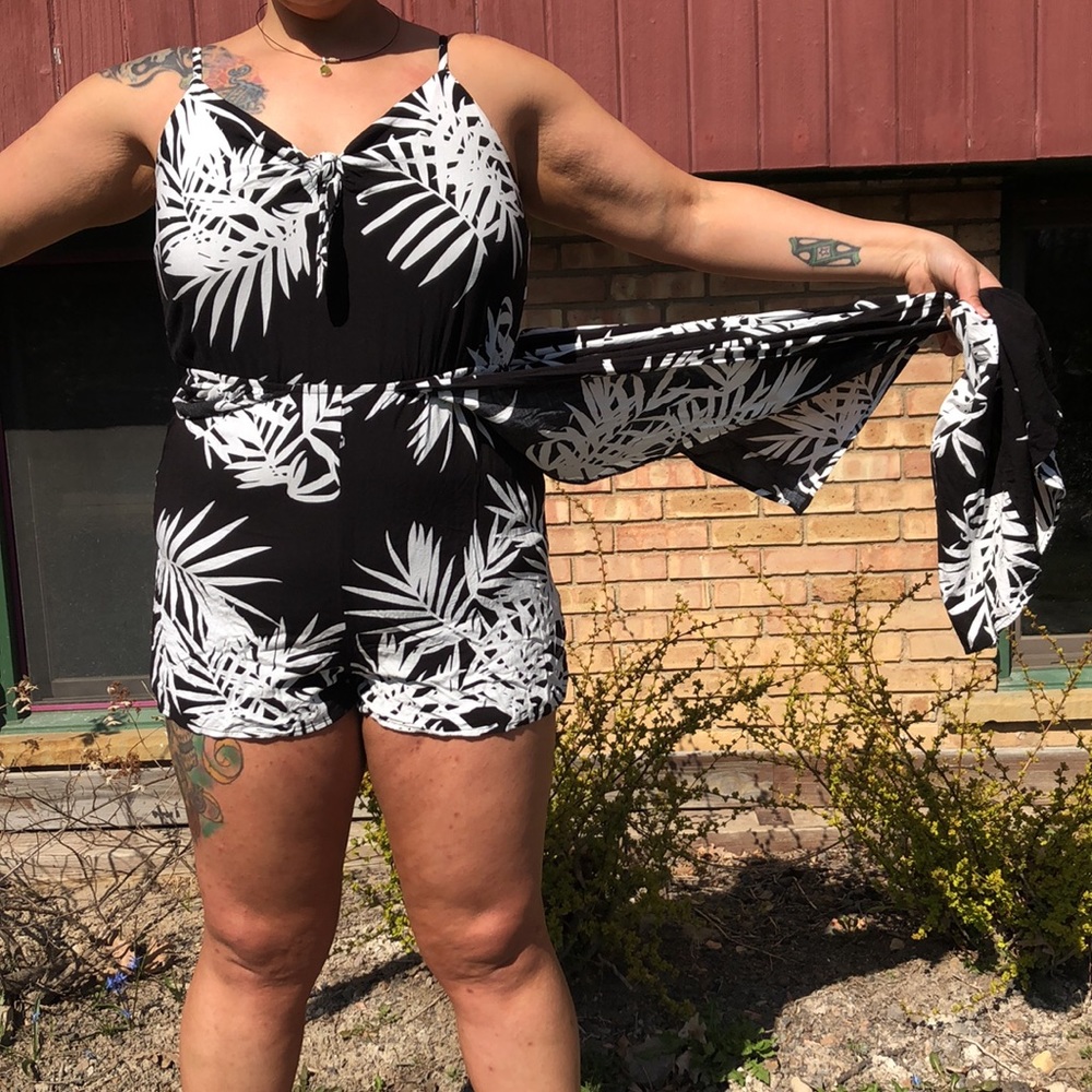 Palm print caped romper
